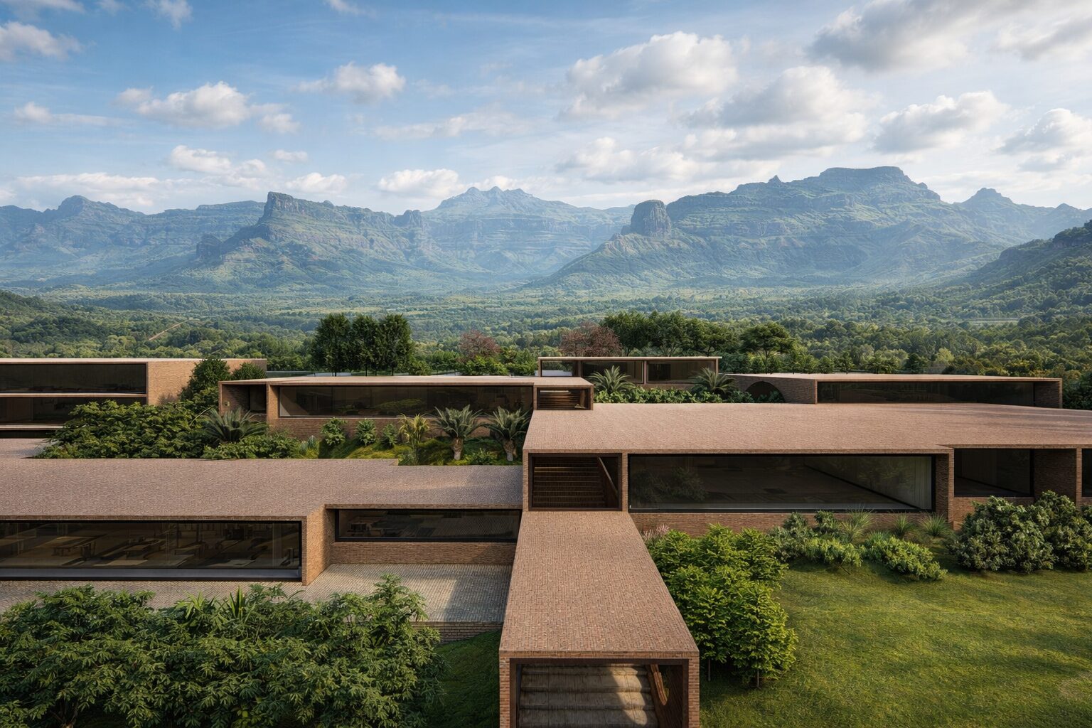 Low brick campus overlooking a wide mountain valley