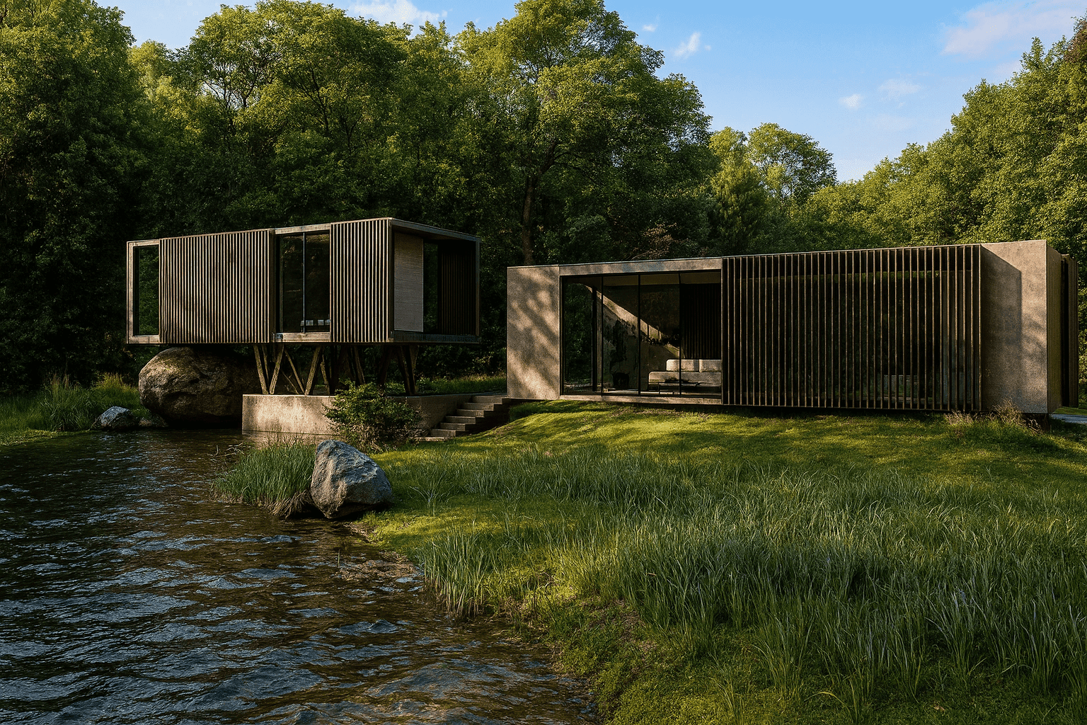 Riverside residence with timber-screened pavilions