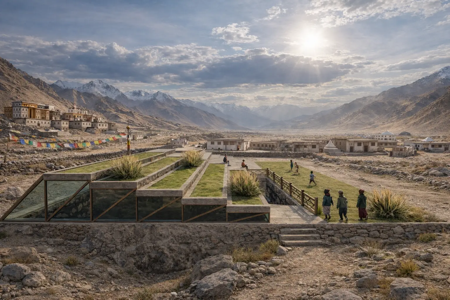 School in Ladakh within a high-altitude village landscape