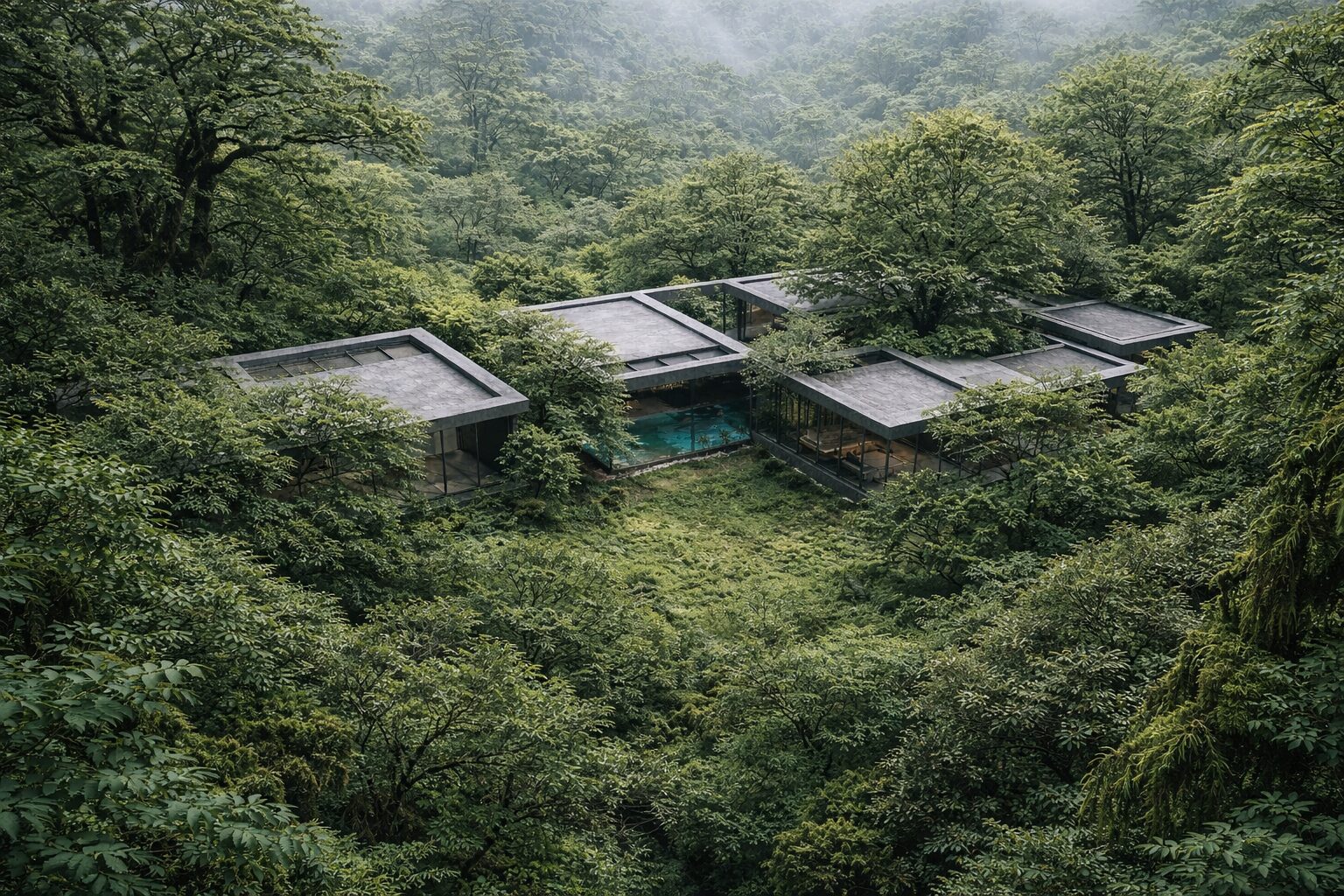 Aerial view of a forest retreat set into dense woodland