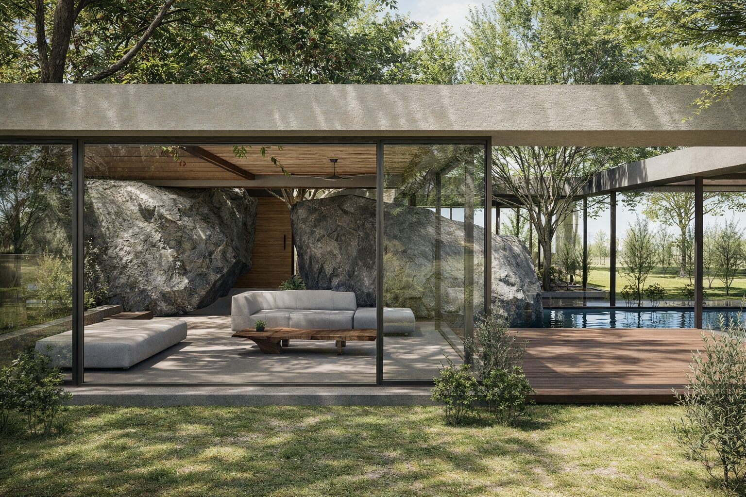 Open pavilion framing a boulder and reflecting pool