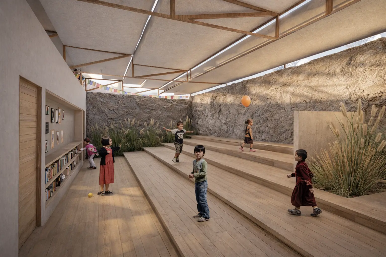 Daylit classroom in Ladakh with stone walls and a stepped timber floor